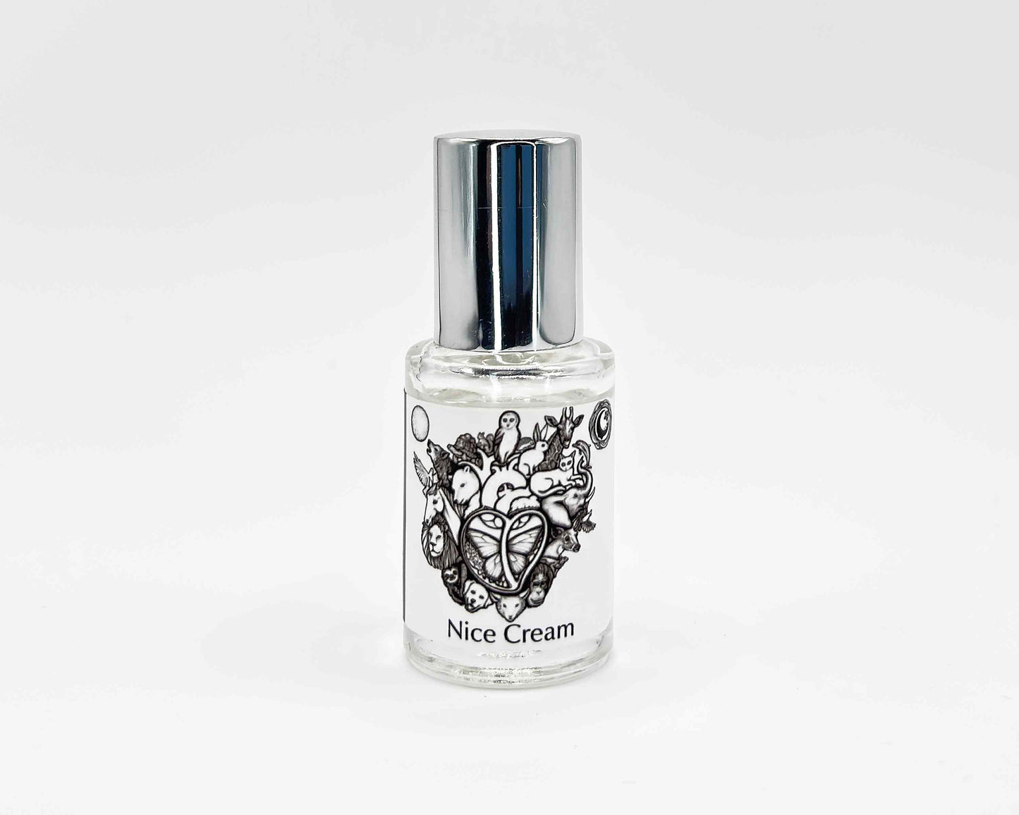 Nice Cream Fragrance 5mL bottle. Cylindrical clear glass with Animal Lover Collection artwork label and a cylindrical silver top.
