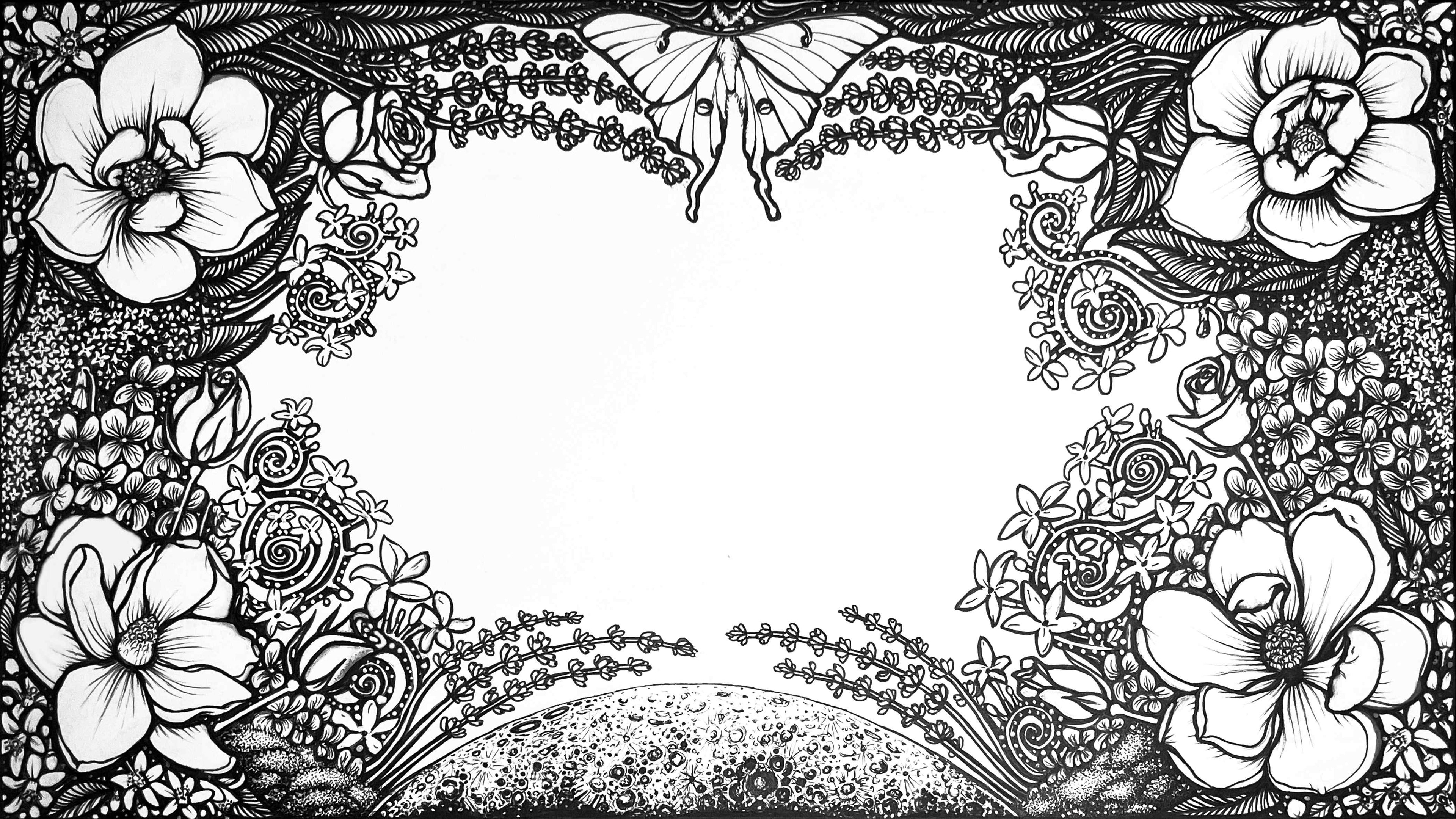 A moon surrounded with flowers including magnolias, lavender, and roses, with a Luna Moth on top.