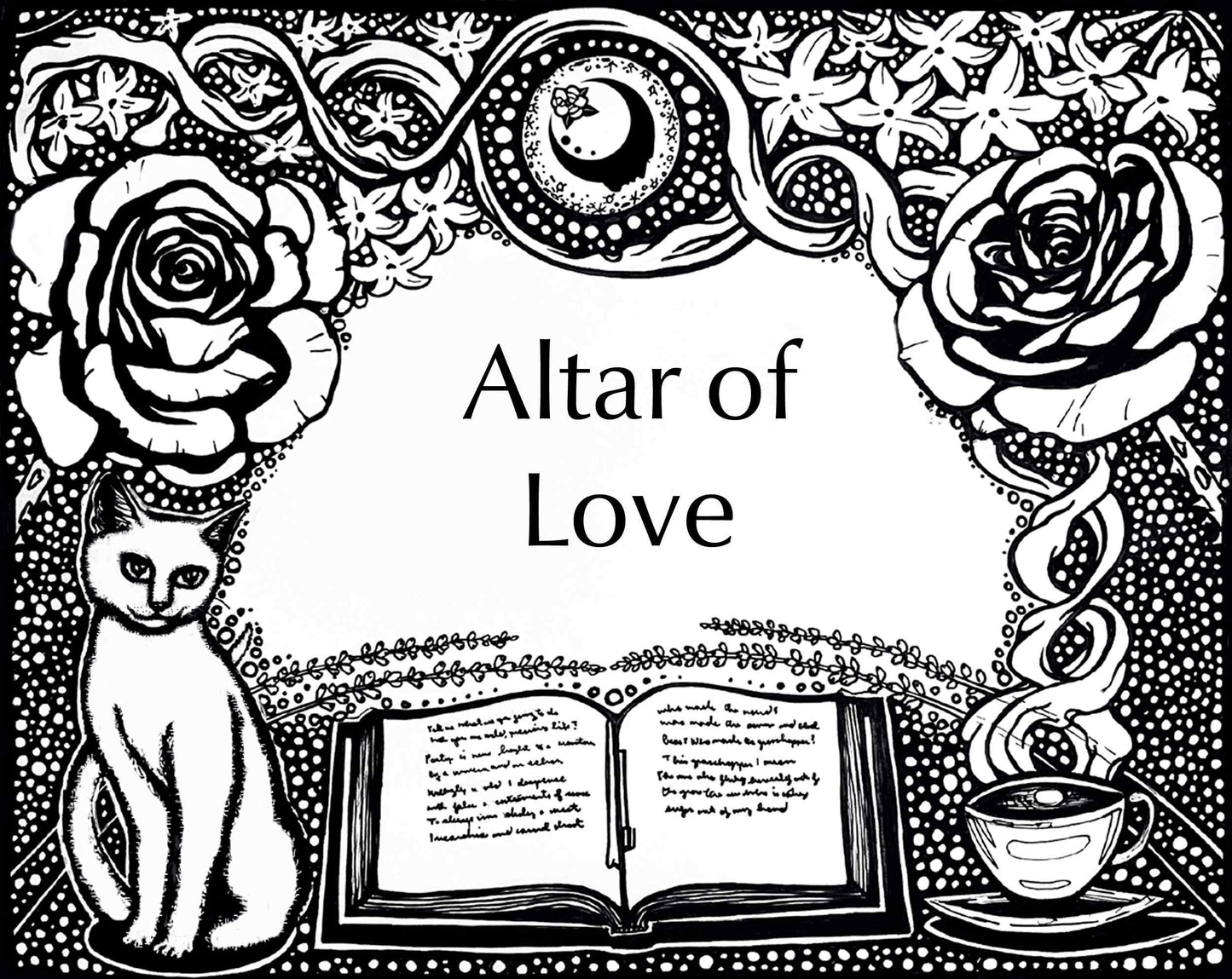 Get Lit Collection artwork for the Altar of Love Fragrance. An open book with a cup of tea on one side and a cat on the other, with flowers on top and a full moon with the A House on the Moon logo in it.
