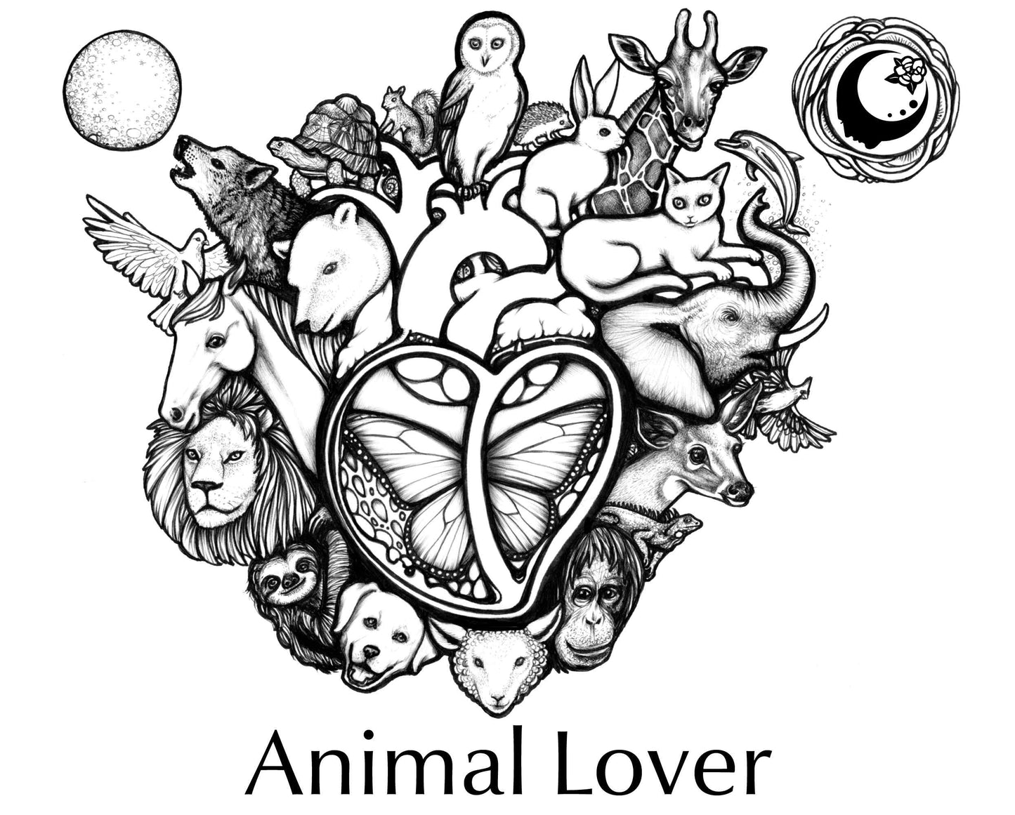 Animal Lover Collection artwork for the Animal Lover Fragrance. A menagerie of animals surrounding a heart with a butterfly, with a full moon and sun with the A House on the Moon logo in it.