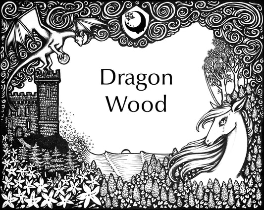 Lost Fairytale Collection artwork for the Dragon Wood Fragrance. A landscape of flowers with a unicorn, castle, and dragon, and stylized smoke across the top with a shield with the A House on the Moon logo in it.
