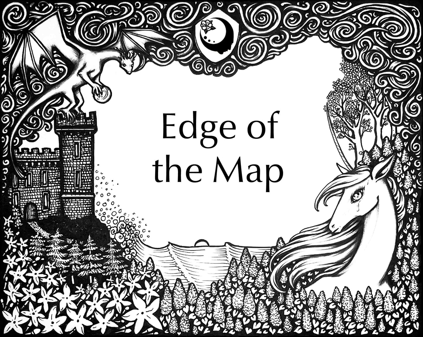 Lost Fairytale Collection artwork for the Edge of the Map Fragrance. A landscape of flowers with a unicorn, castle, and dragon, and stylized smoke across the top with a shield with the A House on the Moon logo in it.
