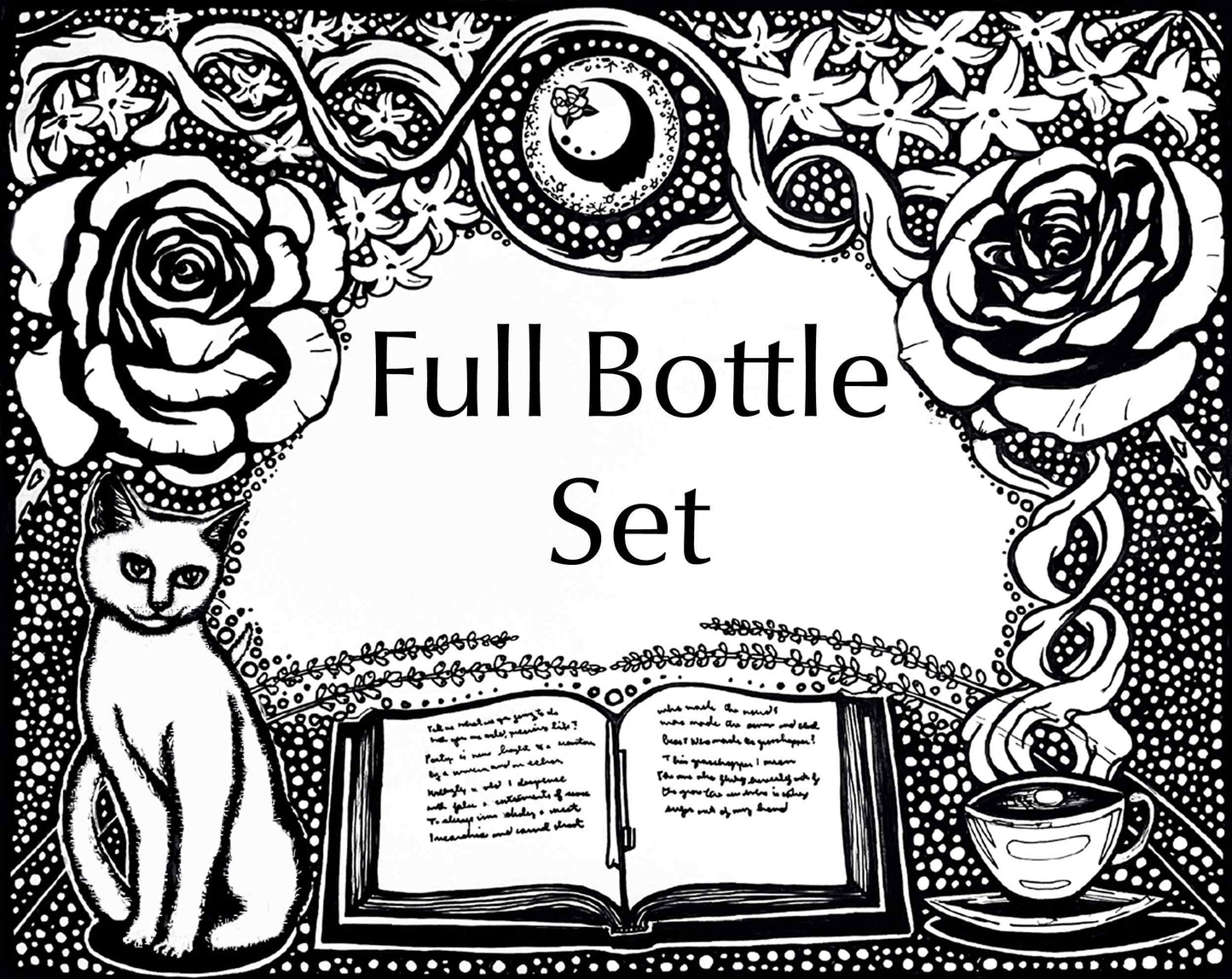 Get Lit Collection artwork for the Full Bottle Set. An open book with a cup of tea on one side and a cat on the other, with flowers on top and a full moon with the A House on the Moon logo in it.