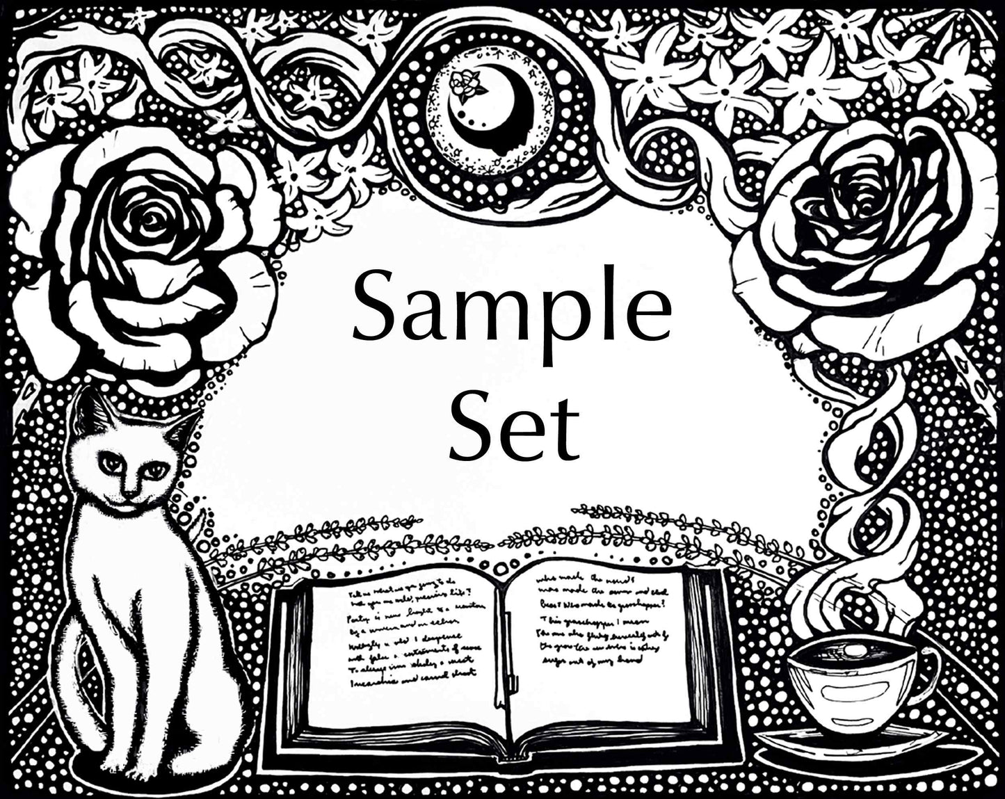 Get Lit Collection artwork for the sample bottle set. An open book with a cup of tea on one side and a cat on the other, with flowers on top and a full moon with the A House on the Moon logo in it.