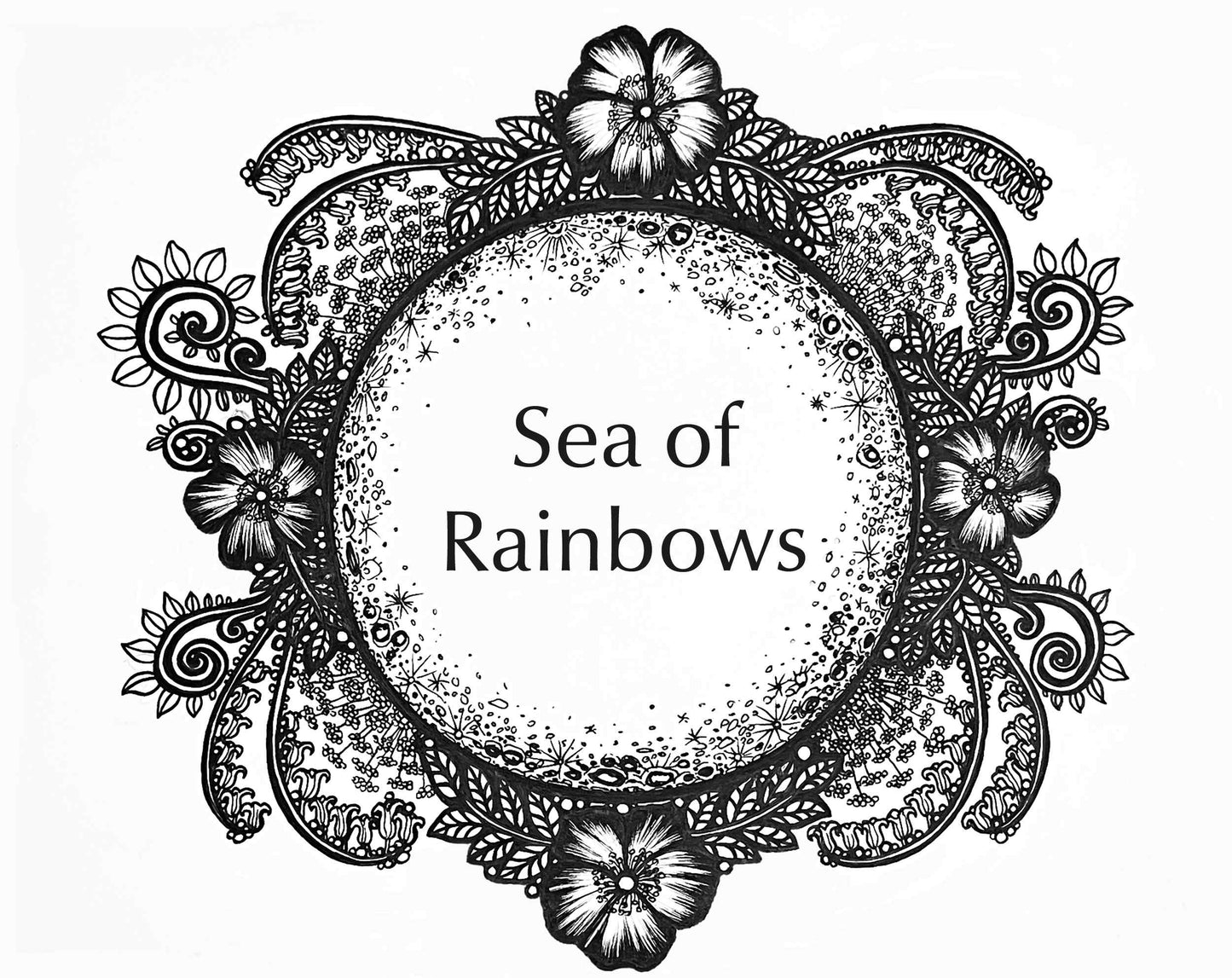 Life on the Moon Collection artwork for the Sea of Rainbows Fragrance. A full moon surrounded by flowers and vines.