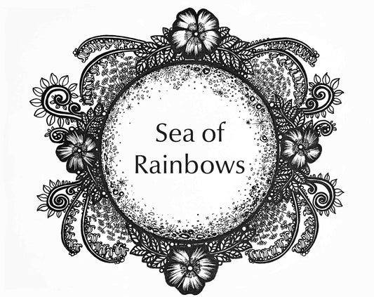 Life on the Moon Collection artwork for the Sea of Rainbows Fragrance. A full moon surrounded by flowers and vines.