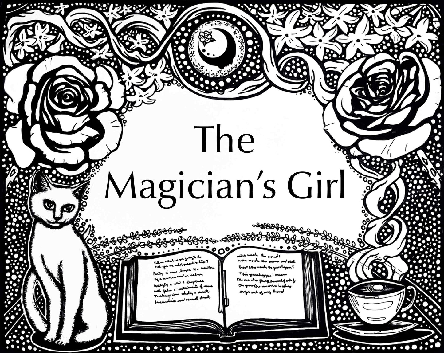Get Lit Collection artwork for the Magician's Girl Fragrance. An open book with a cup of tea on one side and a cat on the other, with flowers on top and a full moon with the A House on the Moon logo in it.