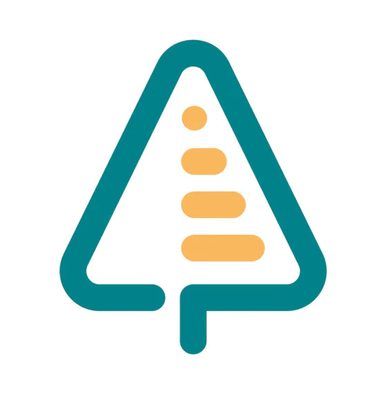 Teal tree-shaped triangle with yellow bars on a white background