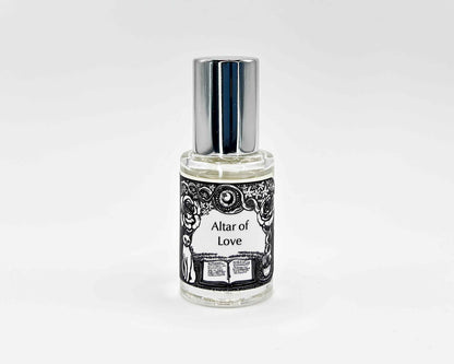 Altar of Love Fragrance 5mL bottle. Cylindrical clear glass with Get Lit Collection artwork label and a cylindrical silver top.