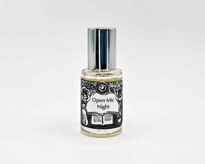 Open Mic Night Fragrance 5mL bottle. Cylindrical clear glass with Get Lit Collection artwork label and a cylindrical silver top.