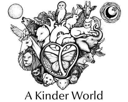 Animal Lover Collection artwork for A Kinder World Fragrance. A menagerie of animals surrounding a heart with a butterfly, with a full moon and sun with the A House on the Moon logo in it.