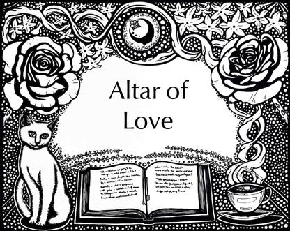 Get Lit Collection artwork for the Altar of Love Fragrance. An open book with a cup of tea on one side and a cat on the other, with flowers on top and a full moon with the A House on the Moon logo in it.