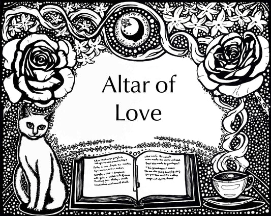 Get Lit Collection artwork for the Altar of Love Fragrance. An open book with a cup of tea on one side and a cat on the other, with flowers on top and a full moon with the A House on the Moon logo in it.
