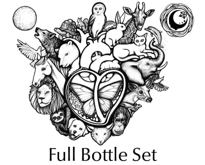 Animal Lover Collection artwork for the Full Bottle Set. A menagerie of animals surrounding a heart with a butterfly, with a full moon and sun with the A House on the Moon logo in it.