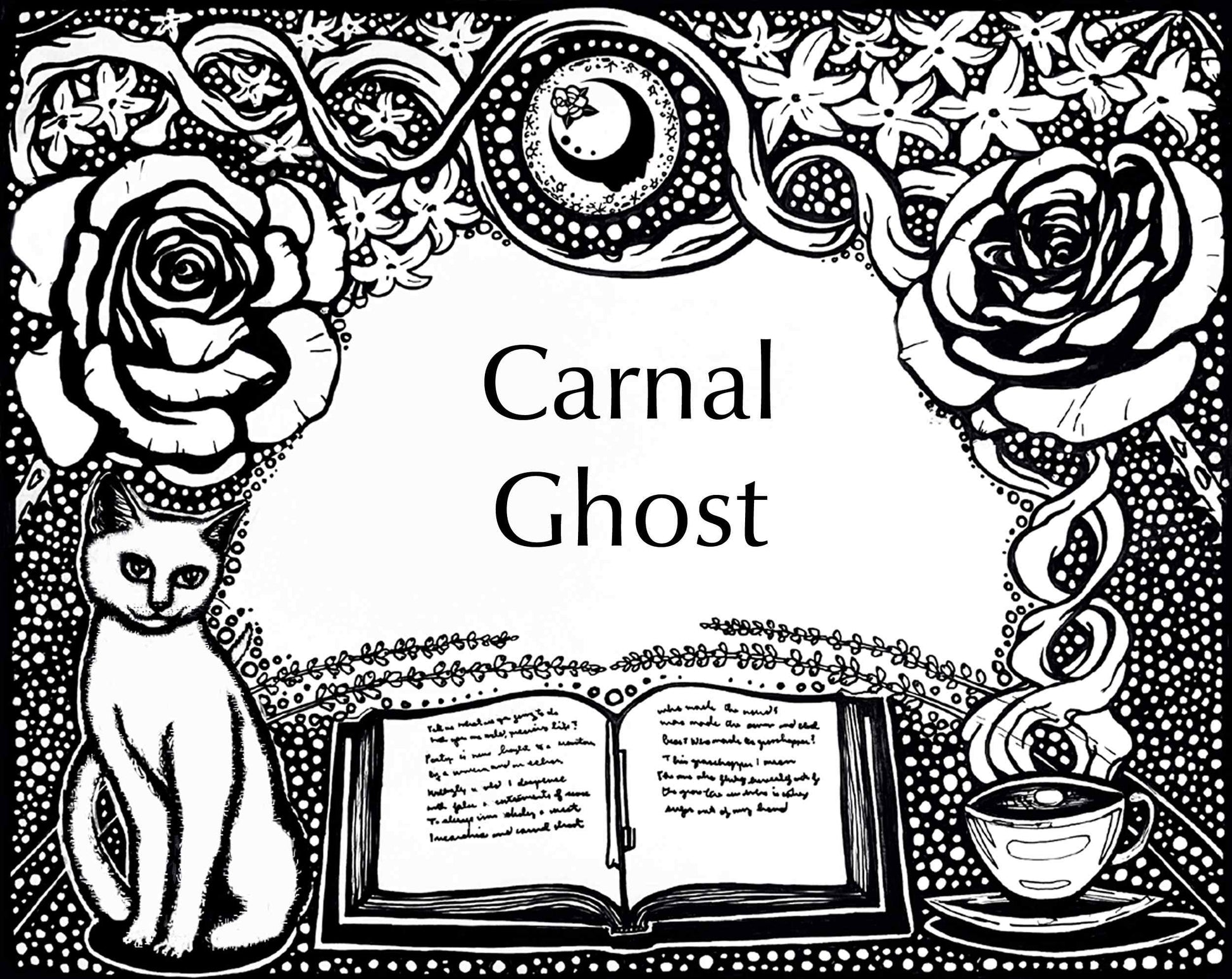 Get Lit Collection artwork for the Carnal Ghost Fragrance. An open book with a cup of tea on one side and a cat on the other, with flowers on top and a full moon with the A House on the Moon logo in it.