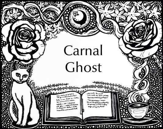 Get Lit Collection artwork for the Carnal Ghost Fragrance. An open book with a cup of tea on one side and a cat on the other, with flowers on top and a full moon with the A House on the Moon logo in it.