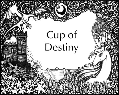 Lost Fairytale Collection artwork for the Cup of Destiny Fragrance. A landscape of flowers with a unicorn, castle, and dragon, and stylized smoke across the top with a shield with the A House on the Moon logo in it.