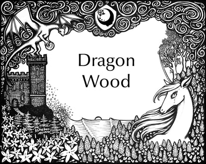 Lost Fairytale Collection artwork for the Dragon Wood Fragrance. A landscape of flowers with a unicorn, castle, and dragon, and stylized smoke across the top with a shield with the A House on the Moon logo in it.
