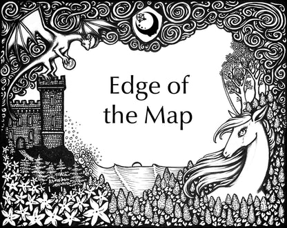 Lost Fairytale Collection artwork for the Edge of the Map Fragrance. A landscape of flowers with a unicorn, castle, and dragon, and stylized smoke across the top with a shield with the A House on the Moon logo in it.
