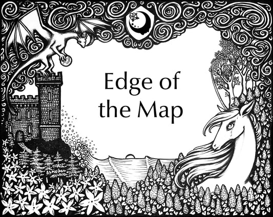 Lost Fairytale Collection artwork for the Edge of the Map Fragrance. A landscape of flowers with a unicorn, castle, and dragon, and stylized smoke across the top with a shield with the A House on the Moon logo in it.