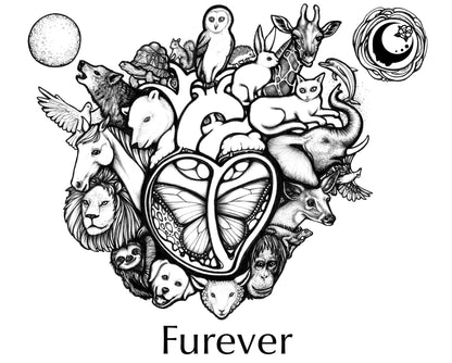 Animal Lover Collection artwork for the Furever Fragrance. A menagerie of animals surrounding a heart with a butterfly, with a full moon and sun with the A House on the Moon logo in it.