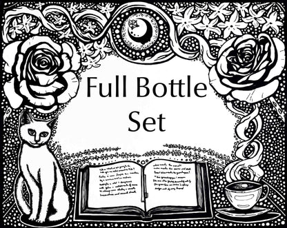 Get Lit Collection artwork for the Full Bottle Set. An open book with a cup of tea on one side and a cat on the other, with flowers on top and a full moon with the A House on the Moon logo in it.