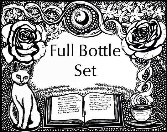 Get Lit Collection artwork for the Full Bottle Set. An open book with a cup of tea on one side and a cat on the other, with flowers on top and a full moon with the A House on the Moon logo in it.
