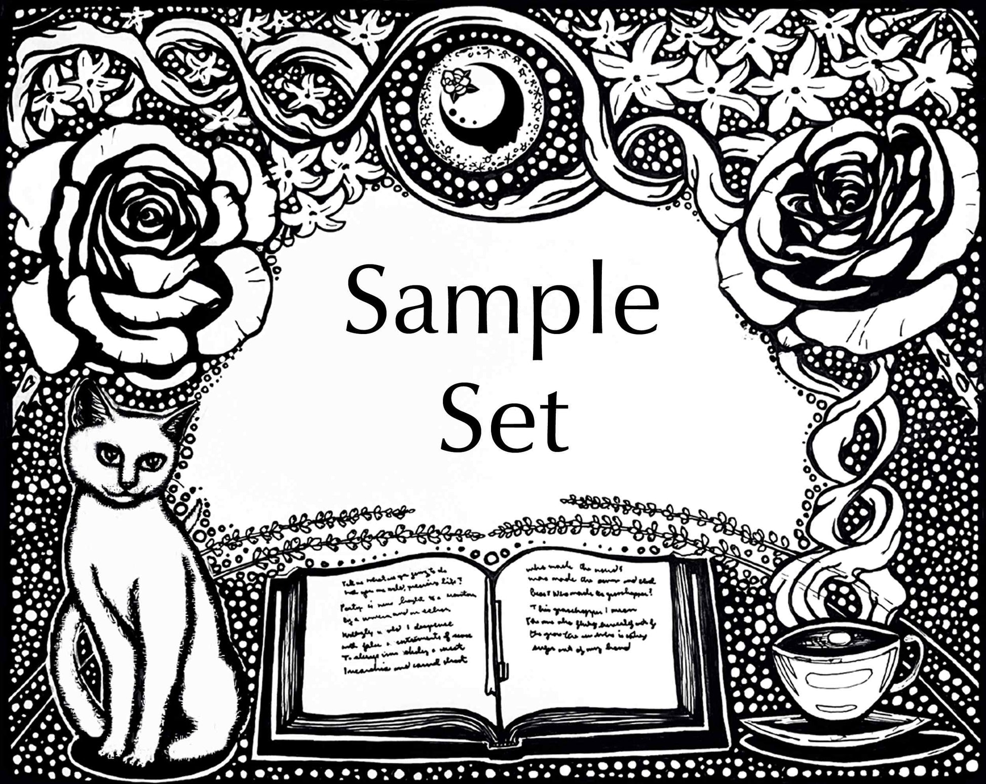 Get Lit Collection artwork for the sample bottle set. An open book with a cup of tea on one side and a cat on the other, with flowers on top and a full moon with the A House on the Moon logo in it.