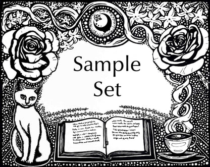 Get Lit Collection artwork for the sample bottle set. An open book with a cup of tea on one side and a cat on the other, with flowers on top and a full moon with the A House on the Moon logo in it.