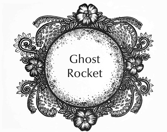 Life on the Moon Collection artwork for the Ghost Rocket Fragrance. A full moon surrounded by flowers and vines.