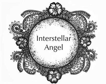 Life on the Moon Collection artwork for the Interstellar Angel Fragrance. A full moon surrounded by flowers and vines.