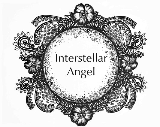 Life on the Moon Collection artwork for the Interstellar Angel Fragrance. A full moon surrounded by flowers and vines.