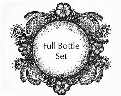 Life on the Moon Collection artwork for the Full Bottle Set. A full moon surrounded by flowers and vines.