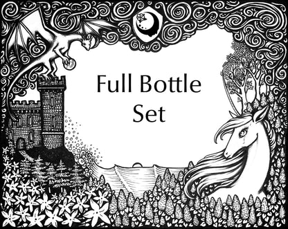 Lost Fairytale Collection artwork for the Full Bottle Set. A landscape of flowers with a unicorn, castle, and dragon, and stylized smoke across the top with a shield with the A House on the Moon logo in it.