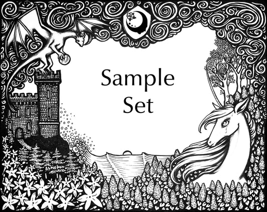 Lost Fairytale Collection artwork for the Sample Bottle Set. A landscape of flowers with a unicorn, castle, and dragon, and stylized smoke across the top with a shield with the A House on the Moon logo in it.