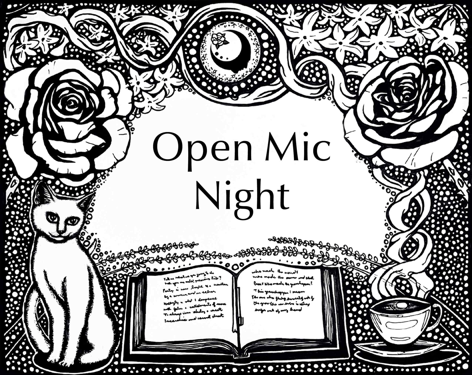 Get Lit Collection artwork for the Open Mic Night Fragrance. An open book with a cup of tea on one side and a cat on the other, with flowers on top and a full moon with the A House on the Moon logo in it.
