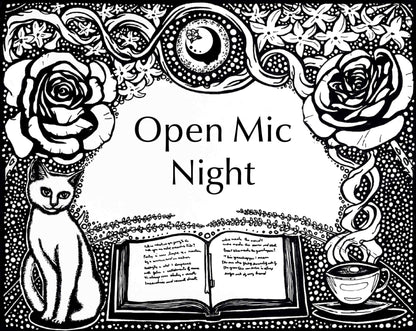 Get Lit Collection artwork for the Open Mic Night Fragrance. An open book with a cup of tea on one side and a cat on the other, with flowers on top and a full moon with the A House on the Moon logo in it.