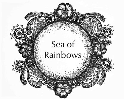 Life on the Moon Collection artwork for the Sea of Rainbows Fragrance. A full moon surrounded by flowers and vines.