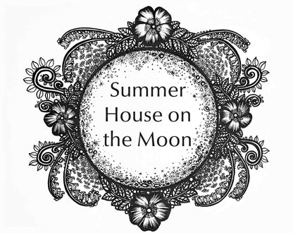 Life on the Moon Collection artwork for the Summer House on the Moon Fragrance. A full moon surrounded by flowers and vines.