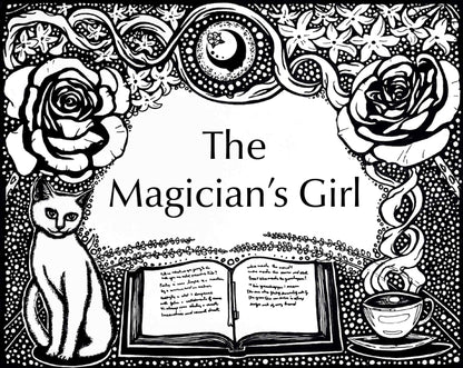 Get Lit Collection artwork for the Magician's Girl Fragrance. An open book with a cup of tea on one side and a cat on the other, with flowers on top and a full moon with the A House on the Moon logo in it.