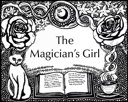 Get Lit Collection artwork for the Magician's Girl Fragrance. An open book with a cup of tea on one side and a cat on the other, with flowers on top and a full moon with the A House on the Moon logo in it.