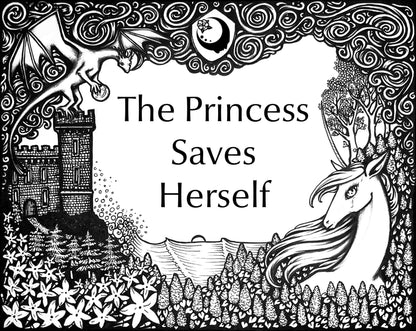 Lost Fairytale Collection artwork for The Princess Saves Herself Fragrance. A landscape of flowers with a unicorn, castle, and dragon, and stylized smoke across the top with a shield with the A House on the Moon logo in it.