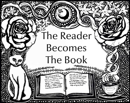 Get Lit Collection artwork for the Reader Becomes the Book Fragrance. An open book with a cup of tea on one side and a cat on the other, with flowers on top and a full moon with the A House on the Moon logo in it.