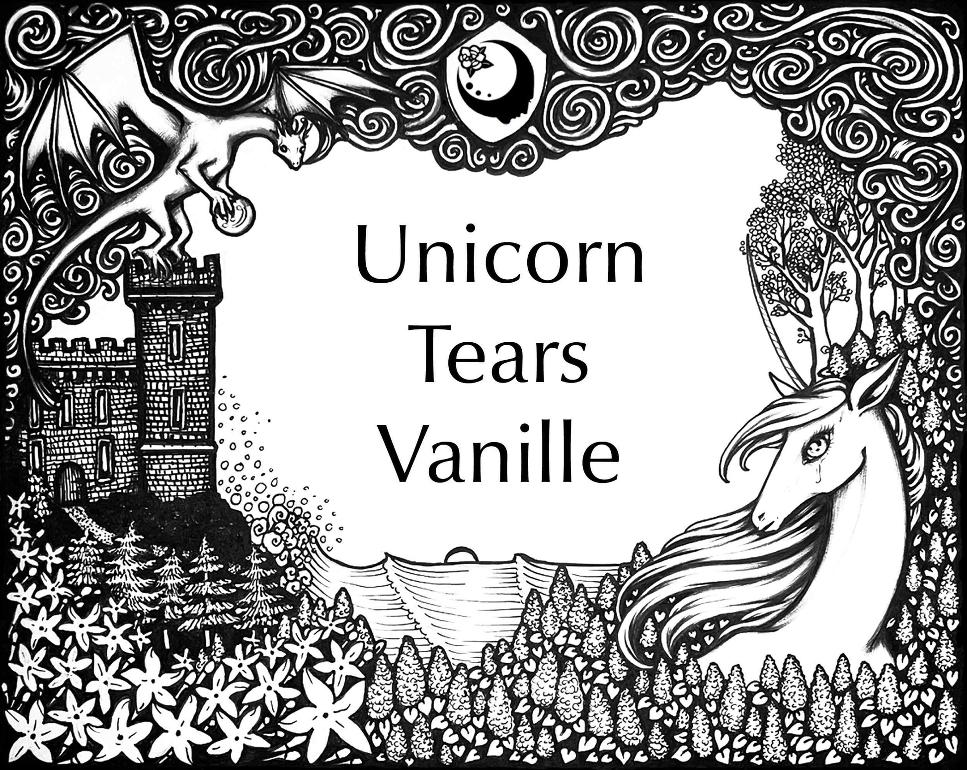 Lost Fairytale Collection artwork for the Unicorn Tears Vanille Fragrance. A landscape of flowers with a unicorn, castle, and dragon, and stylized smoke across the top with a shield with the A House on the Moon logo in it.