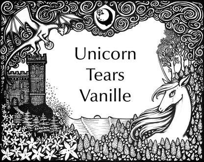Lost Fairytale Collection artwork for the Unicorn Tears Vanille Fragrance. A landscape of flowers with a unicorn, castle, and dragon, and stylized smoke across the top with a shield with the A House on the Moon logo in it.