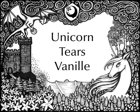 Lost Fairytale Collection artwork for the Unicorn Tears Vanille Fragrance. A landscape of flowers with a unicorn, castle, and dragon, and stylized smoke across the top with a shield with the A House on the Moon logo in it.